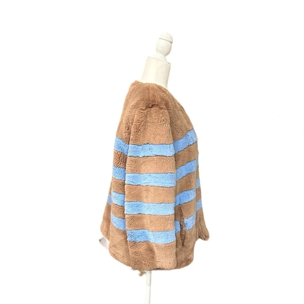 Kule The Bailey Striped Faux Fur Jacket Size L blue and brown excellent cond - Picture 3 of 11
